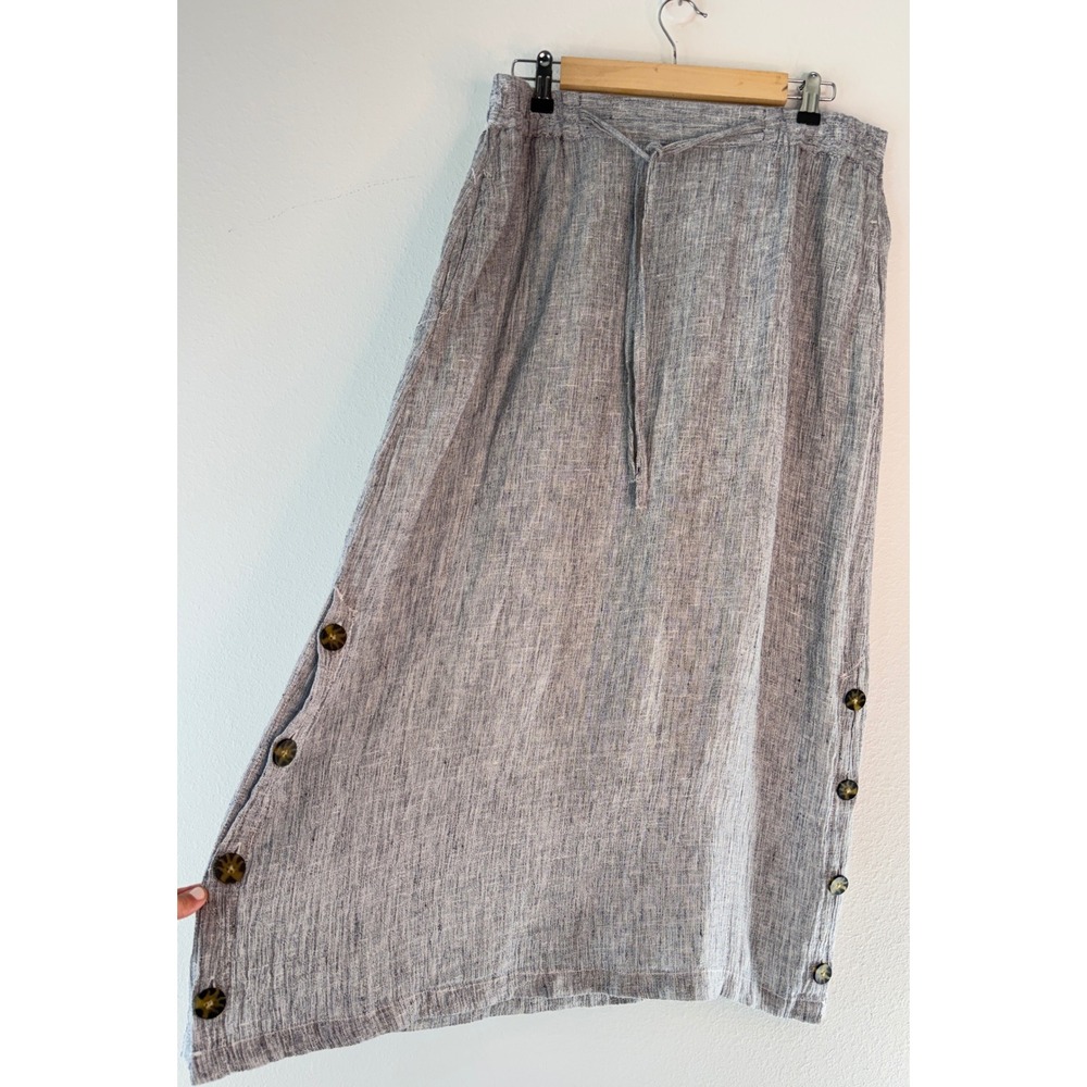 Tahari 100% Linen Midi Skirt Gauzy Blue Gray Drawstring Waist Pockets Coastal